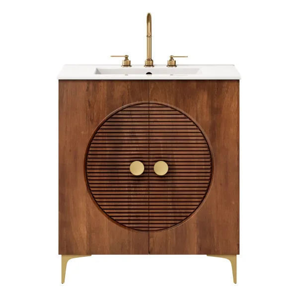 Vernon 30" Fluted Wood Vanity Cabinet With Sink by Modway Walnut White