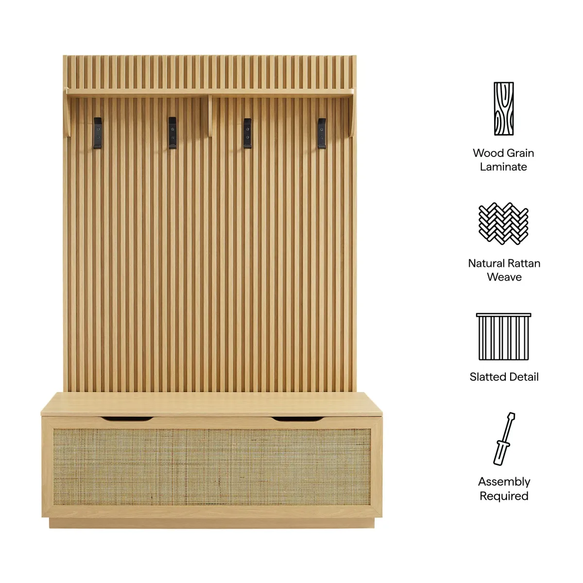 Soma Fluted 3-in-1 Hall Tree With Storage Bench and Coat Rack by Modway Light Oak
