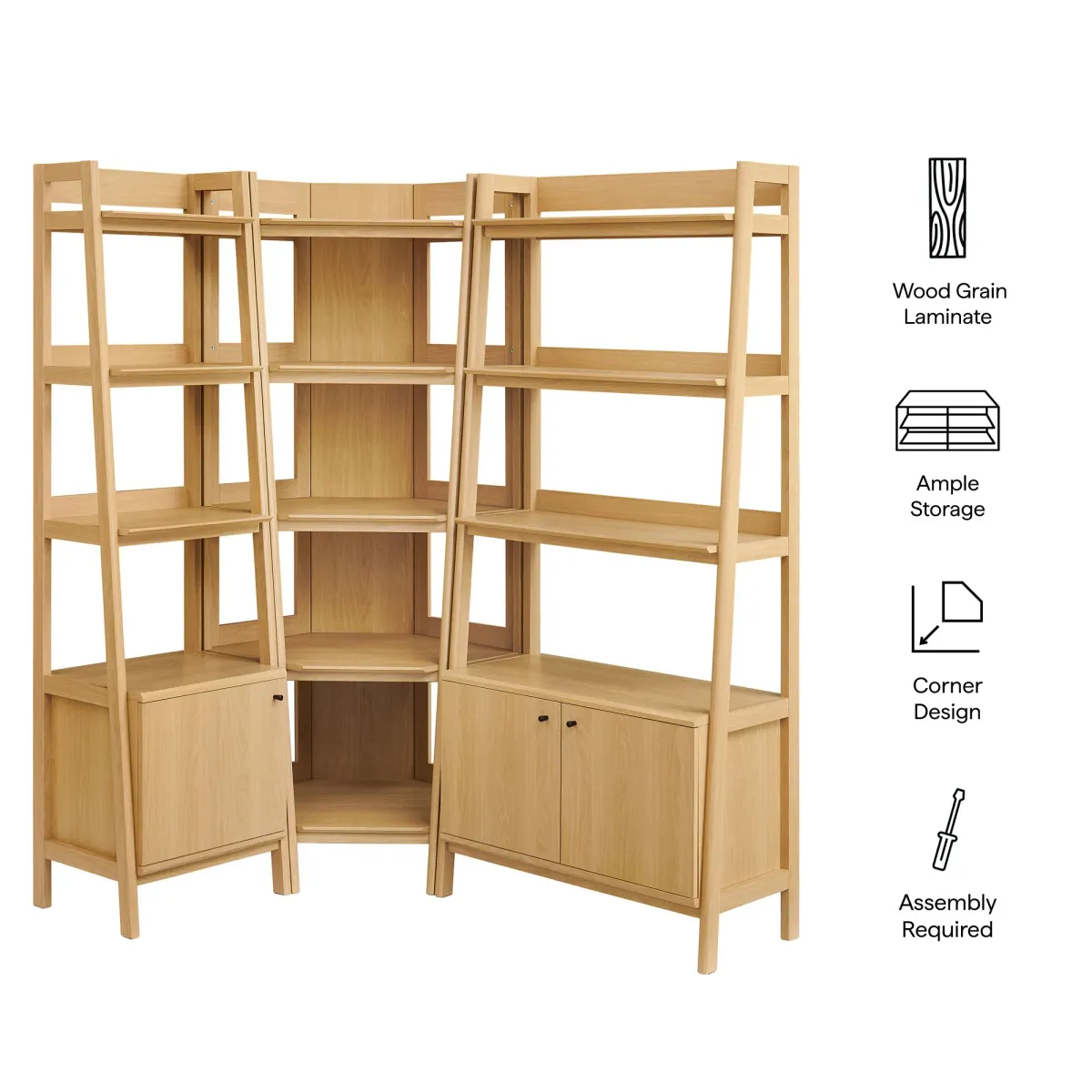 Bixby 3 Piece Corner Bookshelf Set With Wide and Narrow Bookshelves by Modway Oak