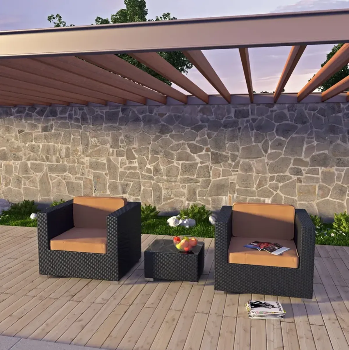 Burrow 3 Piece Outdoor Patio Sofa Set by Modway Espresso Turquoise