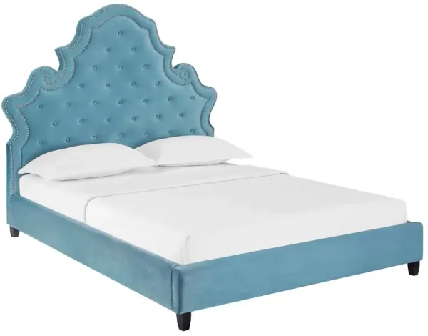 Valentina Tufted Nailhead Performance Velvet Platform Bed by Modway Sea Blue / Queen