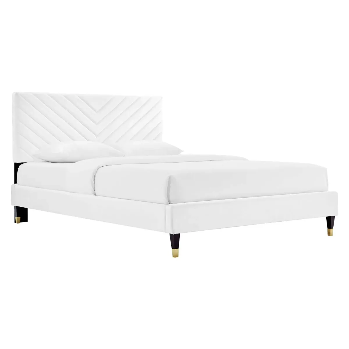 Roxanne Performance Velvet Platform Bed With Wood and Gold Legs by Modway Queen / White