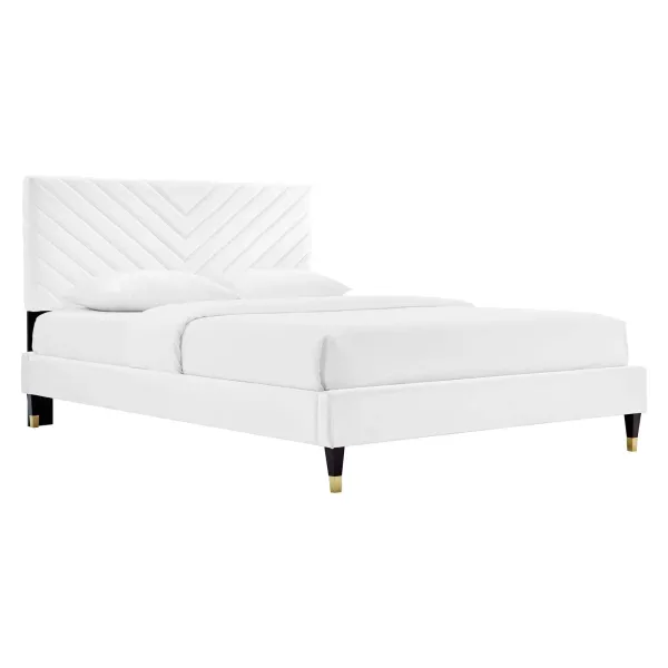 Roxanne Performance Velvet Platform Bed With Wood and Gold Legs by Modway Queen / White