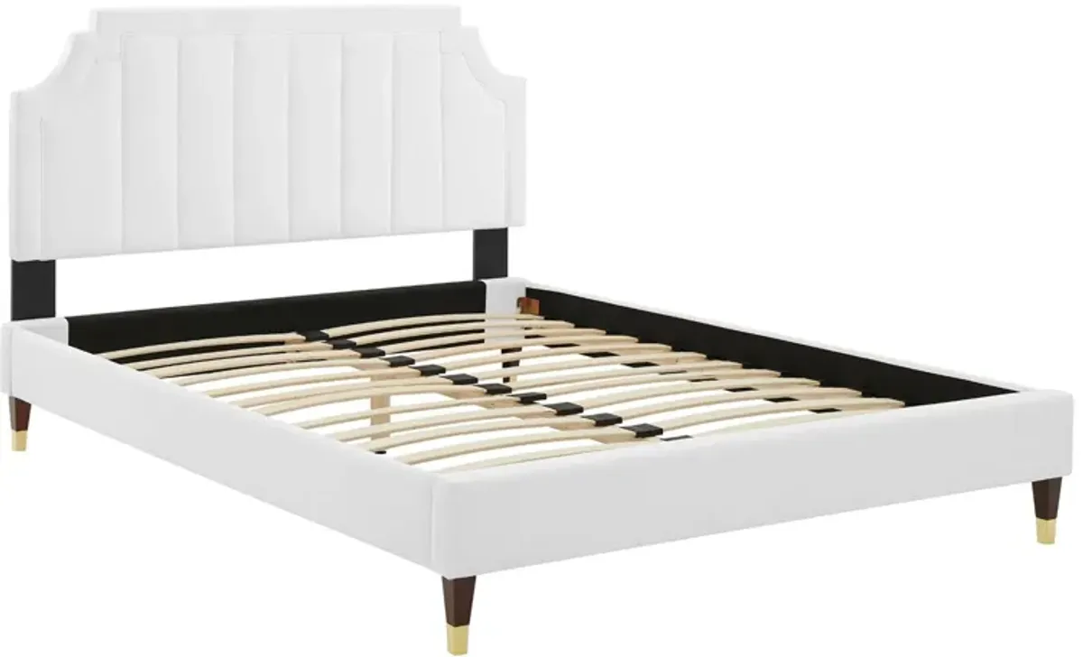 Sienna Performance Velvet Platform Bed With Wood and Gold Legs by Modway White / Queen