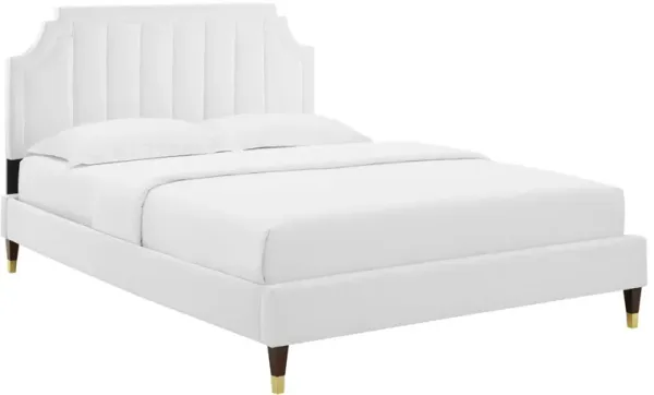 Sienna Performance Velvet Platform Bed With Wood and Gold Legs by Modway White / Queen
