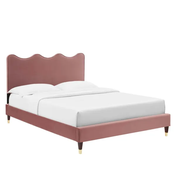 Current Performance Velvet Platform Bed With Wood and Gold Legs by Modway Queen / Dusty Rose