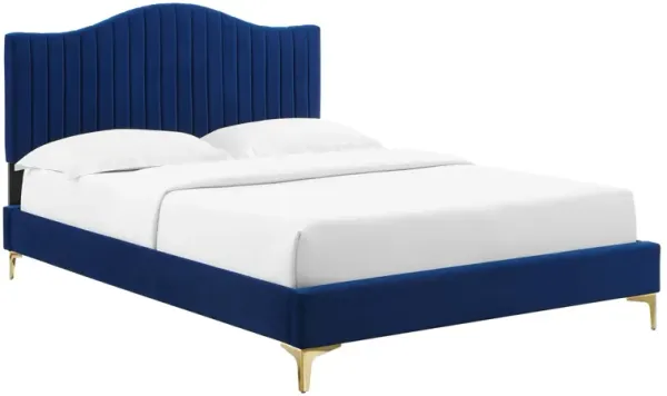 Juniper Channel Tufted Performance Velvet Platform Bed With Gold Metal Legs by Modway Twin / Navy