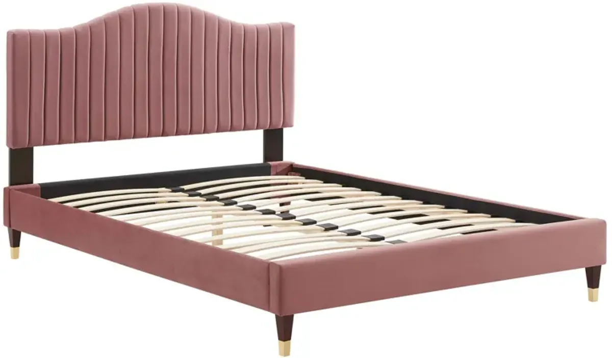 Juniper Channel Tufted Performance Velvet Platform Bed With Wood and Gold Legs by Modway Twin / Dusty Rose
