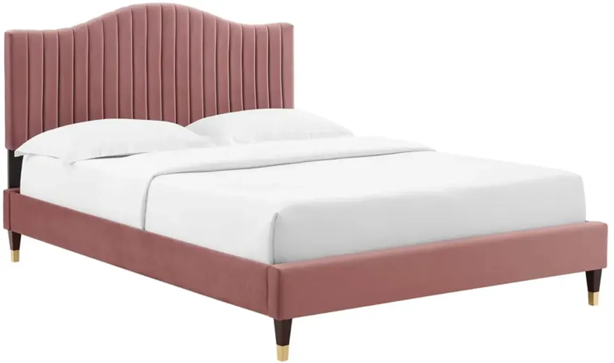 Juniper Channel Tufted Performance Velvet Platform Bed With Wood and Gold Legs by Modway Twin / Dusty Rose