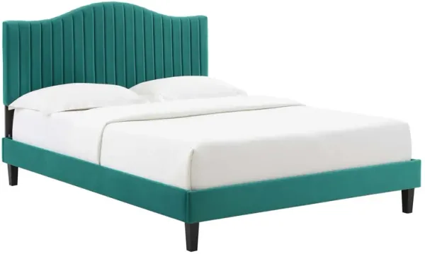 Juniper Channel Tufted Performance Velvet Platform Bed With Black Wood Legs by Modway Twin / Teal