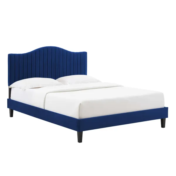 Juniper Channel Tufted Performance Velvet Platform Bed With Black Wood Legs by Modway Full / Navy