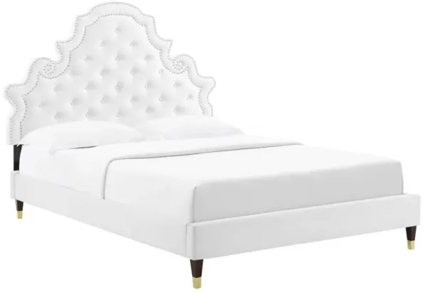 Gwyneth Tufted Performance Velvet Platform Bed With Wood and Gold Legs by Modway Full / White