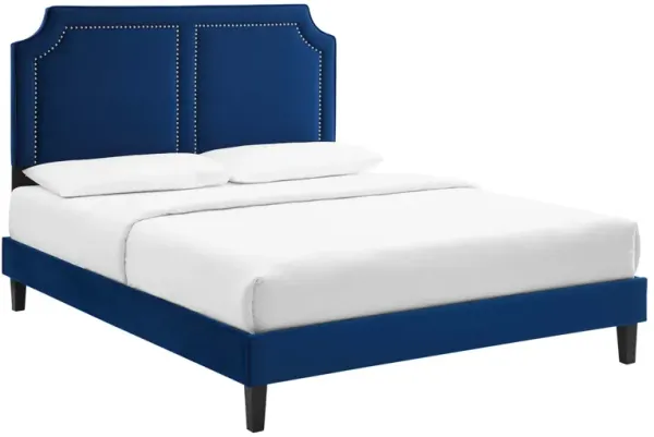 Novi Performance Velvet Bed With Black Wood Legs by Modway King / Navy