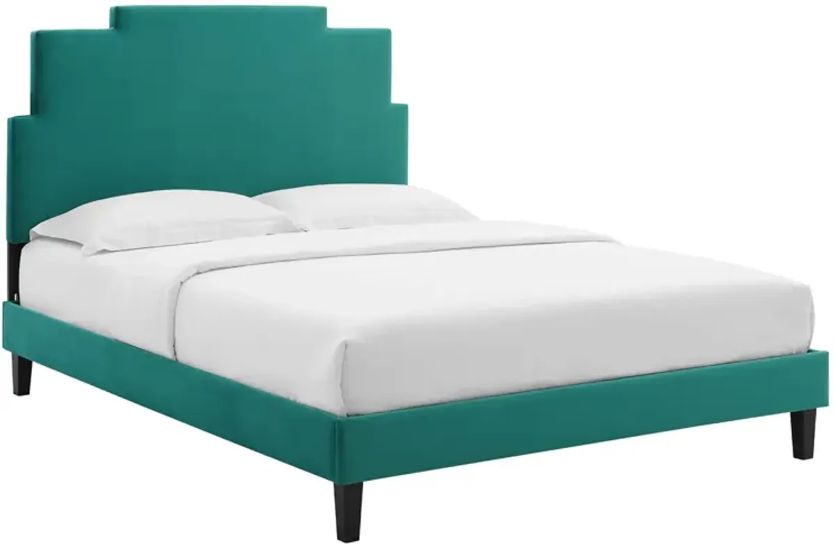 Lindsey Performance Velvet Platform Bed With Black Wood Legs by Modway Full / Teal