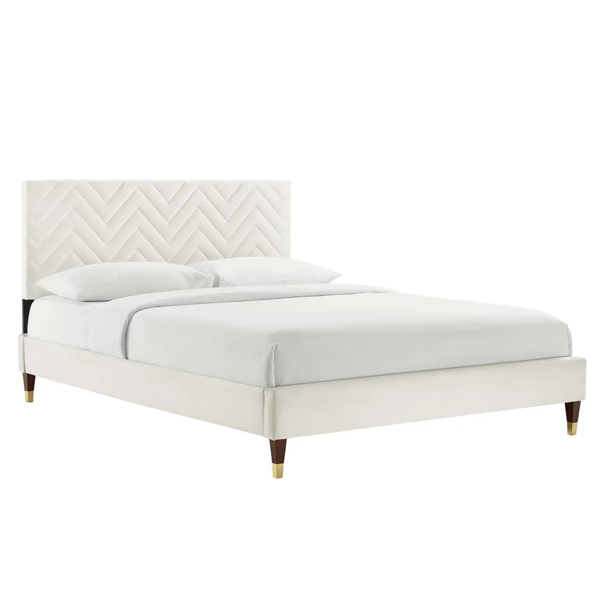 Leah Chevron Tufted Performance Velvet Platform Bed With Wood and Gold Legs by Modway Queen / White