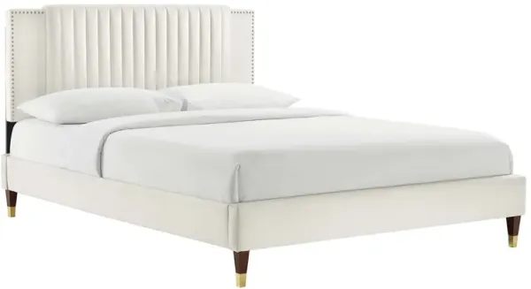 Zahra Channel Tufted Performance Velvet Platform Bed With Wood and Gold Legs by Modway Queen / White