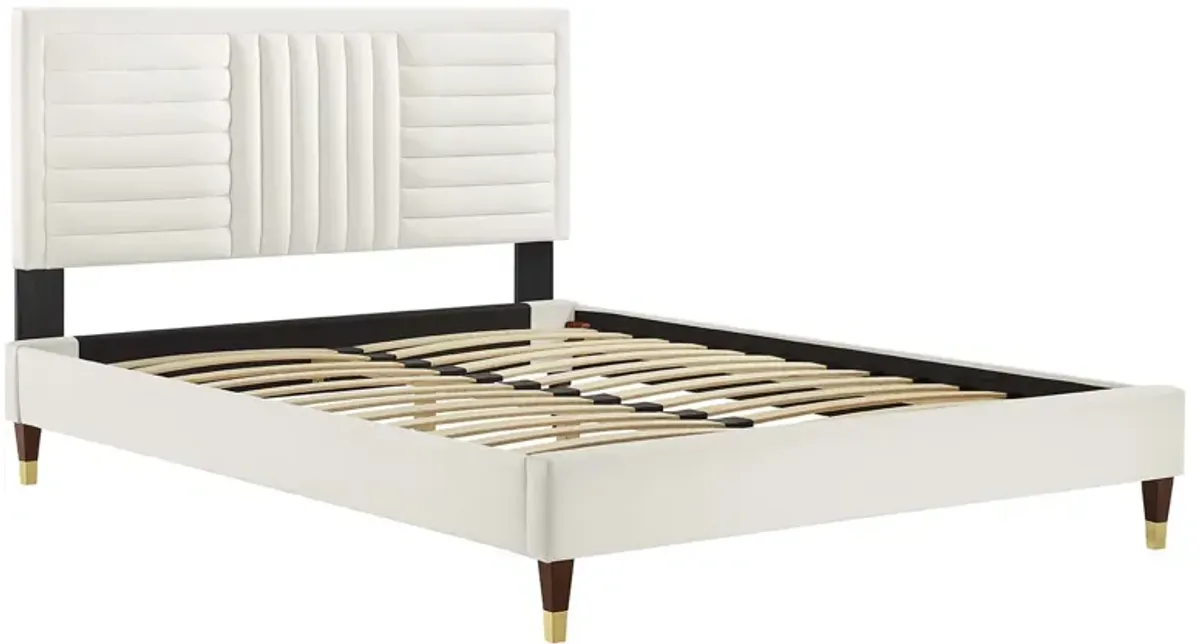 Sofia Channel Tufted Performance Velvet Platform Bed With Wood and Gold Legs by Modway Queen / White