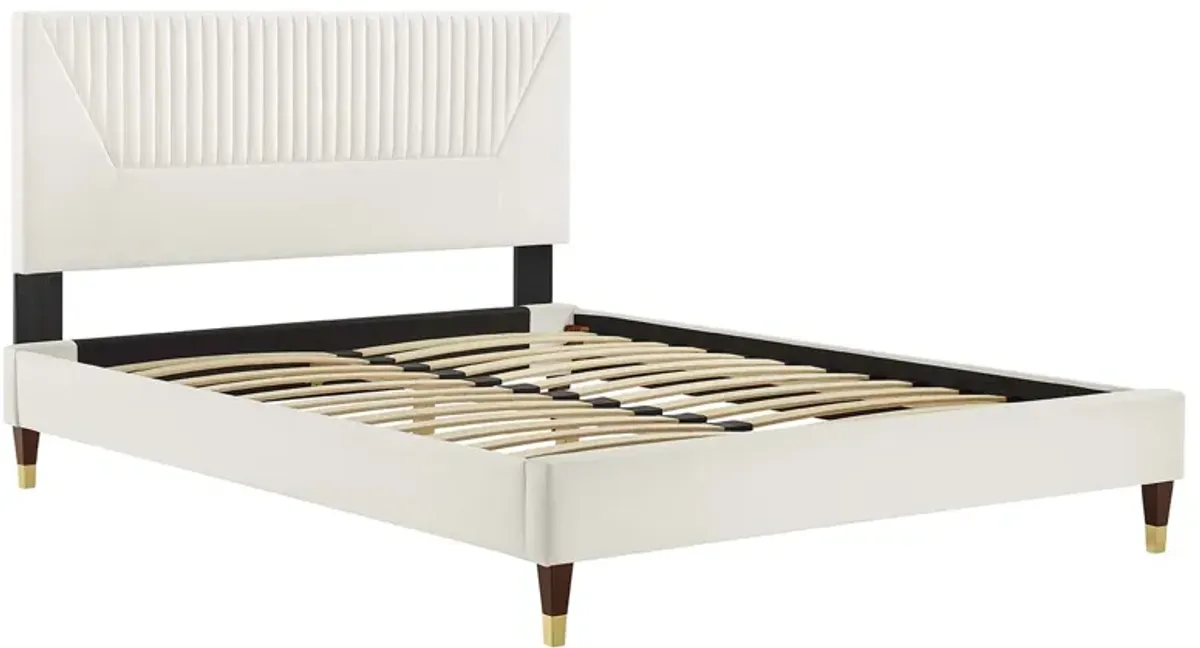 Yasmine Channel Tufted Performance Velvet Platform Bed With Wood and Gold Legs by Modway