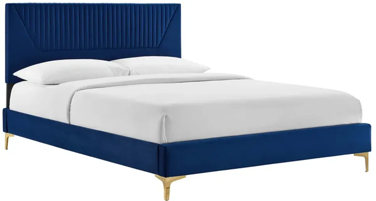 Yasmine Channel Tufted Performance Velvet Platform Bed With Gold Metal Legs by Modway Queen / Navy