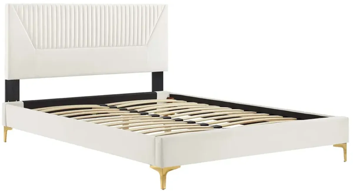 Yasmine Channel Tufted Performance Velvet Platform Bed With Gold Metal Legs by Modway