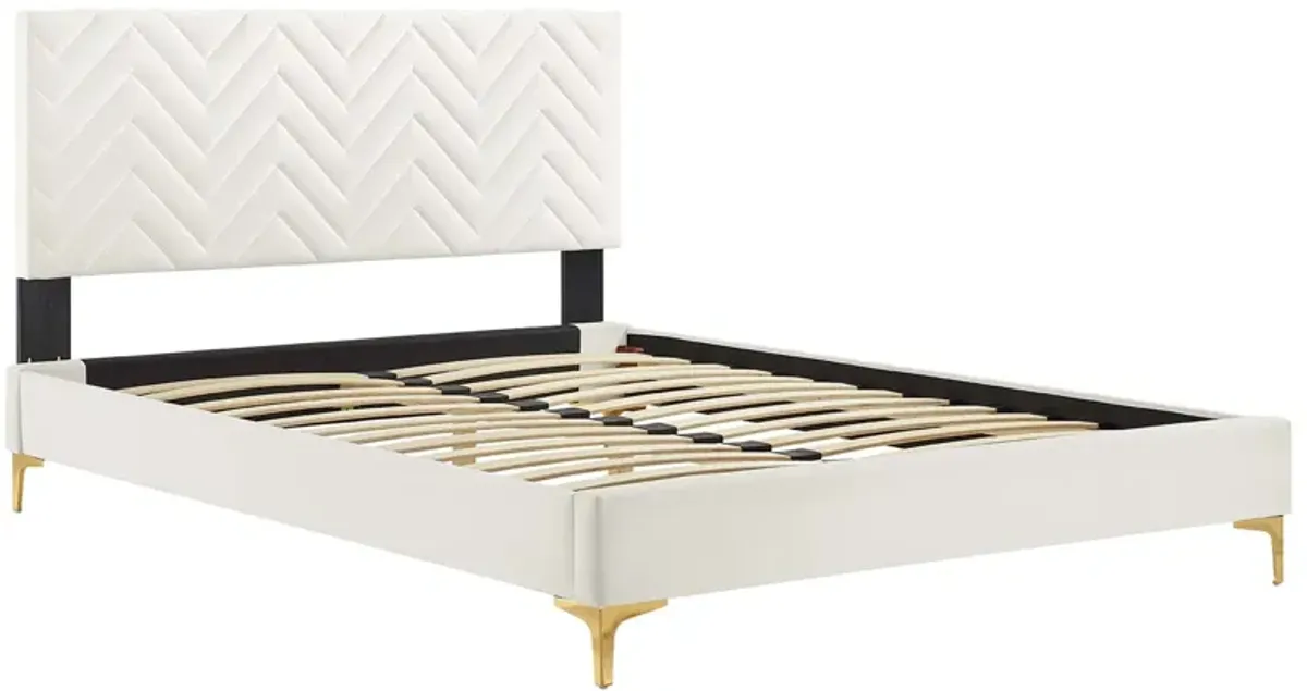 Leah Chevron Tufted Performance Velvet Platform Bed With Gold Metal Legs by Modway