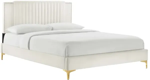 Zahra Channel Tufted Performance Velvet Platform Bed With Gold Metal Legs by Modway Twin / White