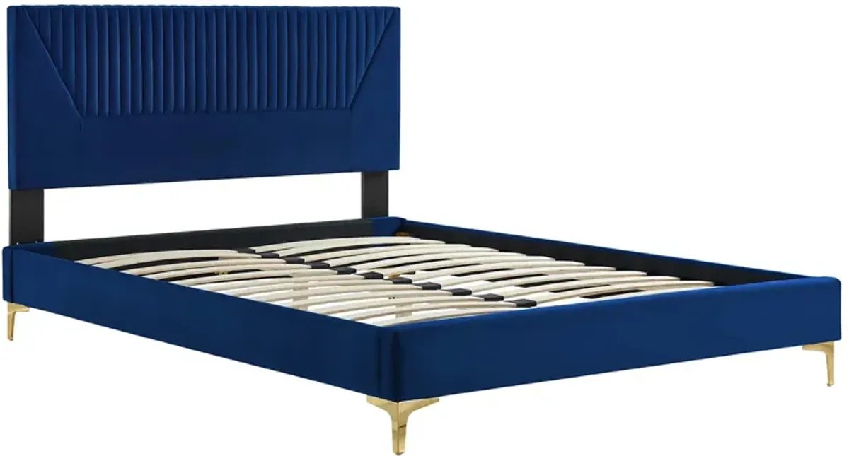 Yasmine Channel Tufted Performance Velvet Platform Bed With Gold Metal Legs by Modway