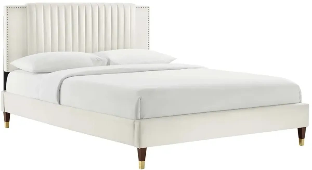 Zahra Channel Tufted Performance Velvet Platform Bed With Wood and Gold Legs by Modway Twin / White