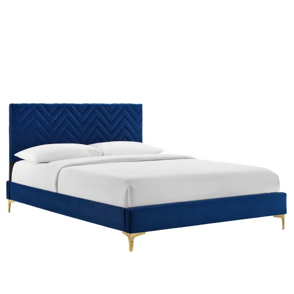 Leah Chevron Tufted Performance Velvet Platform Bed With Gold Metal Legs by Modway Full / Navy