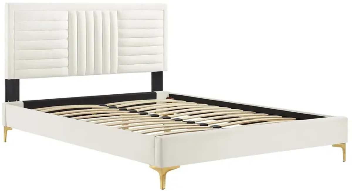 Sofia Channel Tufted Performance Velvet Platform Bed With Gold Metal Legs by Modway