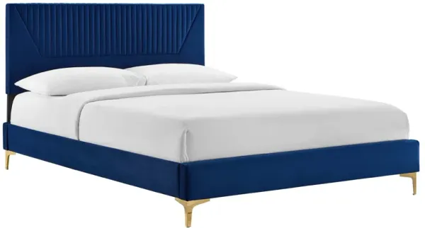 Yasmine Channel Tufted Performance Velvet Platform Bed With Gold Metal Legs by Modway Full / Navy