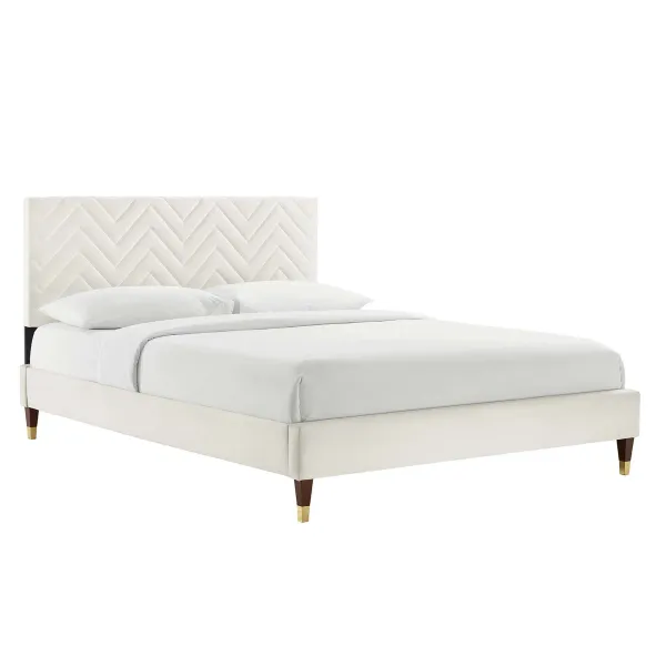Leah Chevron Tufted Performance Velvet Platform Bed With Wood and Gold Legs by Modway Full / White