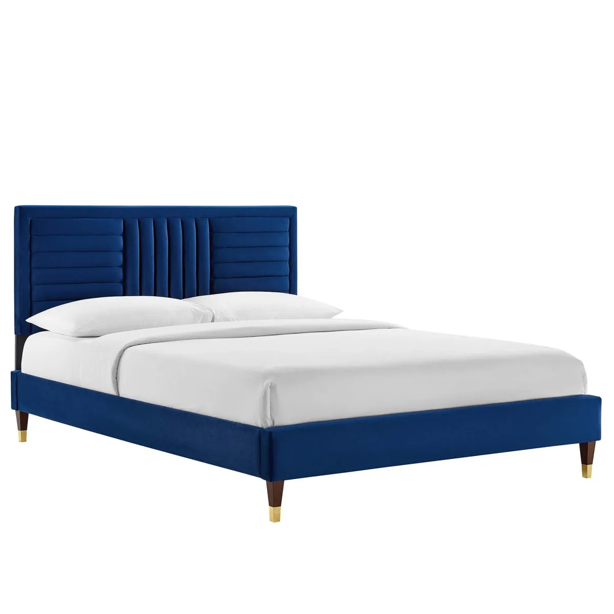 Sofia Channel Tufted Performance Velvet Platform Bed With Wood and Gold Legs by Modway Full / Navy