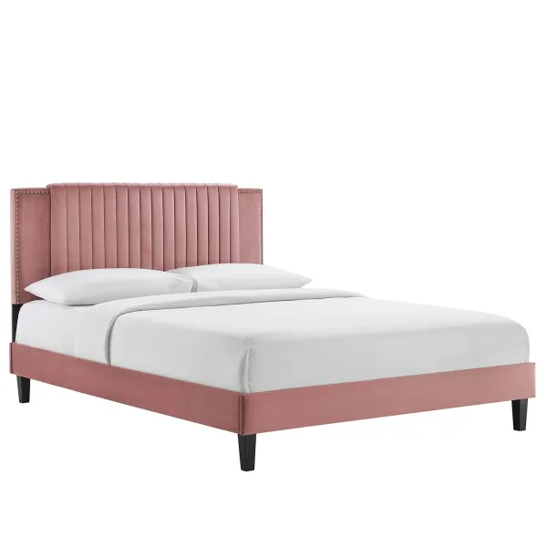 Zahra Channel Tufted Performance Velvet Platform Bed With Black Wood Legs by Modway Full / Navy