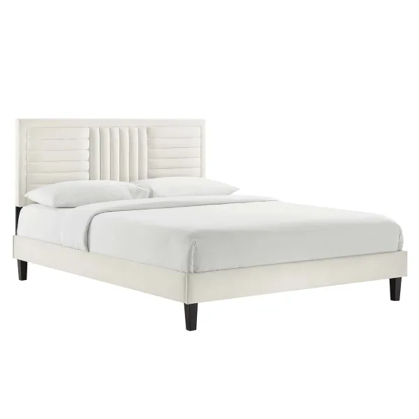 Sofia Channel Tufted Performance Velvet Platform Bed With Black Wood Legs by Modway Full / White
