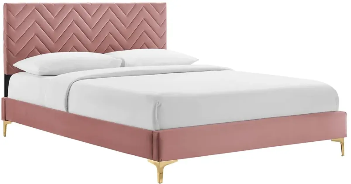 Leah Chevron Tufted Performance Velvet Platform Bed With Gold Metal Legs by Modway King / Dusty Rose