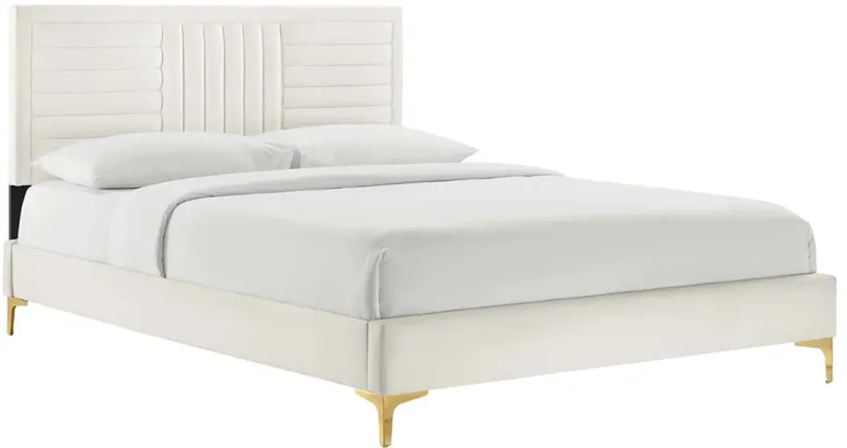 Sofia Channel Tufted Performance Velvet Platform Bed With Gold Metal Legs by Modway King / White