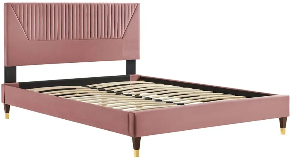 Yasmine Channel Tufted Performance Velvet Platform Bed With Wood and Gold Legs by Modway King / Dusty Rose