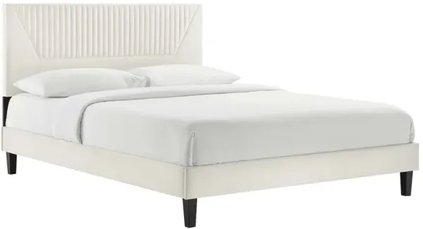 Yasmine Channel Tufted Performance Velvet Platform Bed With Black Wood Legs by Modway King / White