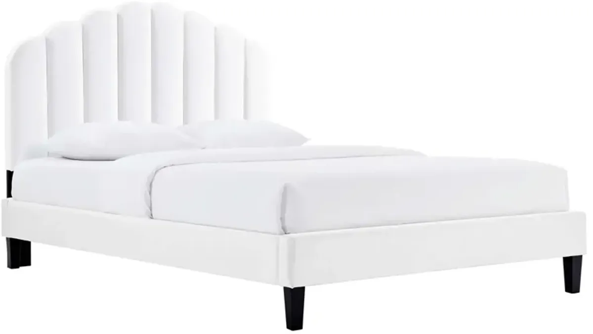 Daisy Performance Velvet Platform Bed With Black Wood Legs by Modway Full / White