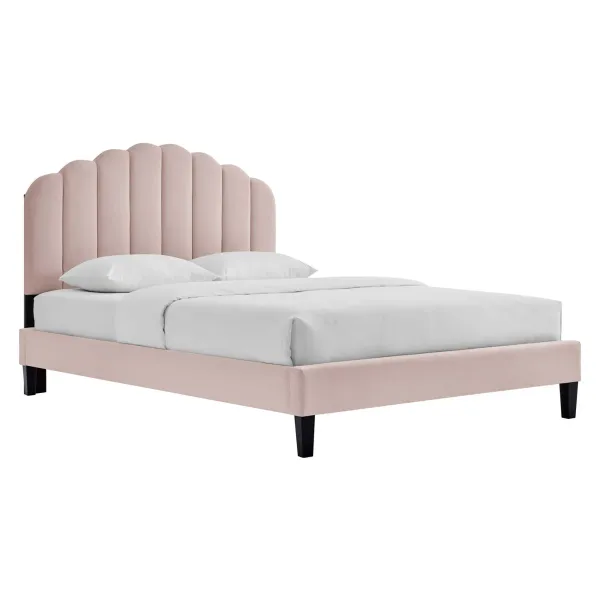 Daisy Performance Velvet Platform Bed With Black Wood Legs by Modway Twin / Pink