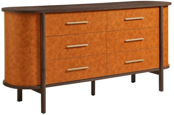 Coralie Curved 6-Drawer Vegan Leather Oval Dresser by Modway Walnut Tan