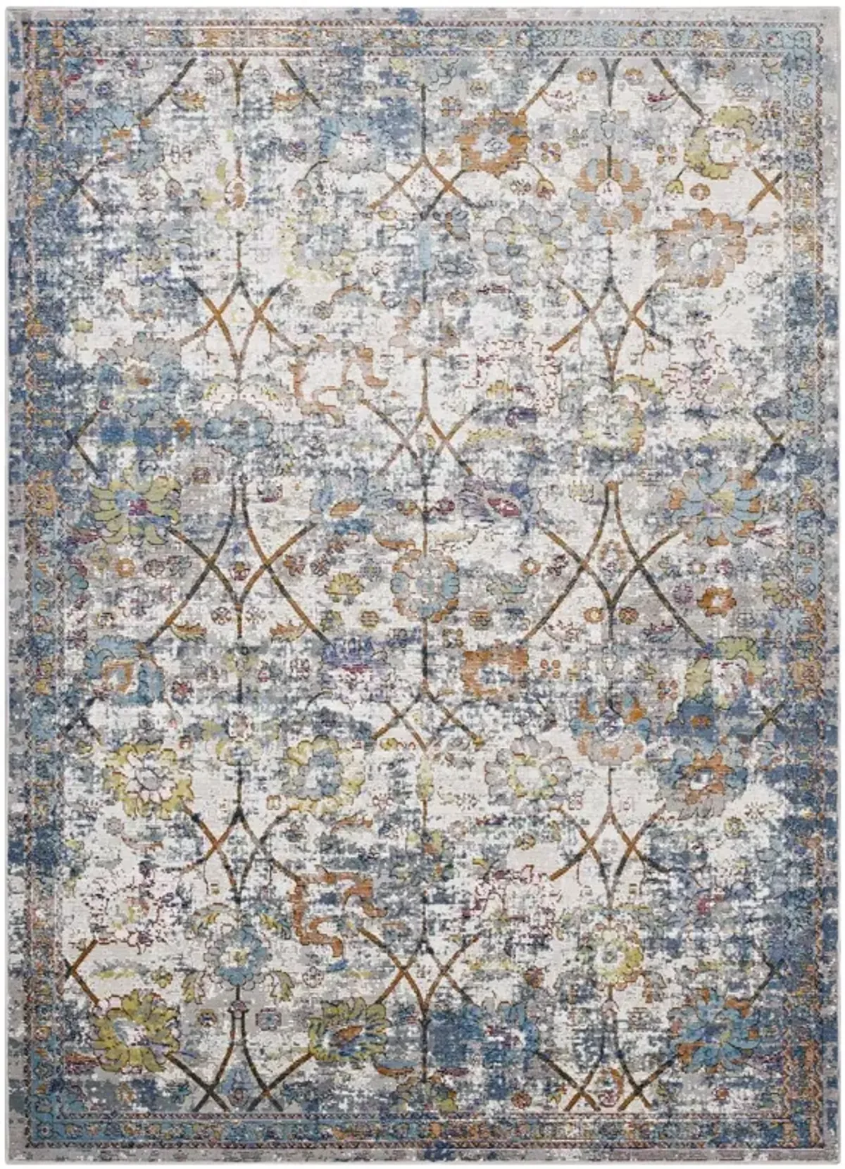 Minu Distressed Floral Lattice Area Rug by Modway 8x10 / Light Blue Yellow and Orange