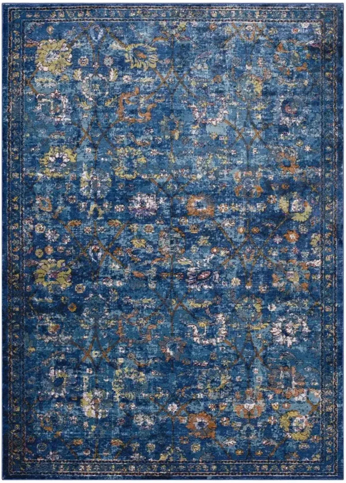 Minu Distressed Floral Lattice Area Rug by Modway 4x6 / Blue Gray Yellow and Orange