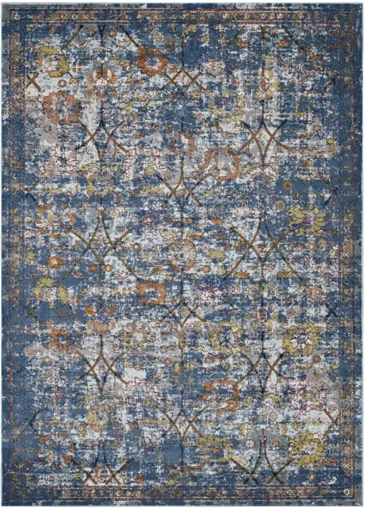 Minu Distressed Floral Lattice Area Rug by Modway 4x6 / Blue Gray Yellow and Orange