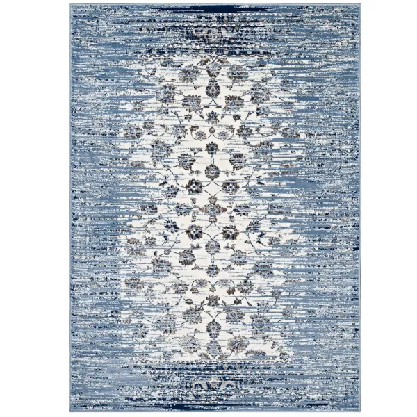 Chiara Distressed Floral Lattice Contemporary Area Rug by Modway Moroccan Blue and Ivory / 8x10