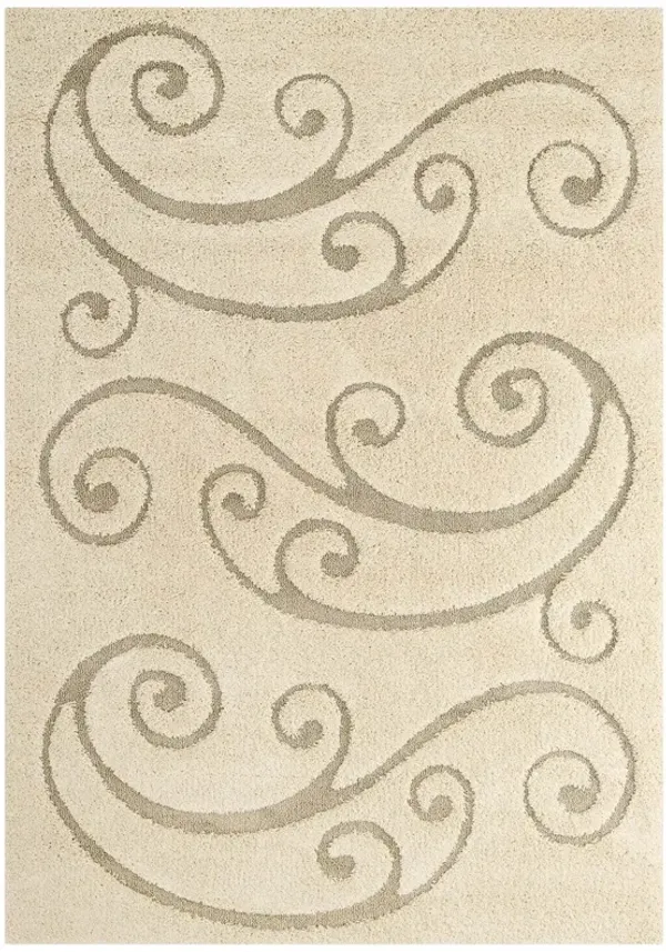 Jubilant Sprout Scrolling Vine Shag Area Rug by Modway Creame and Beige / 5x8