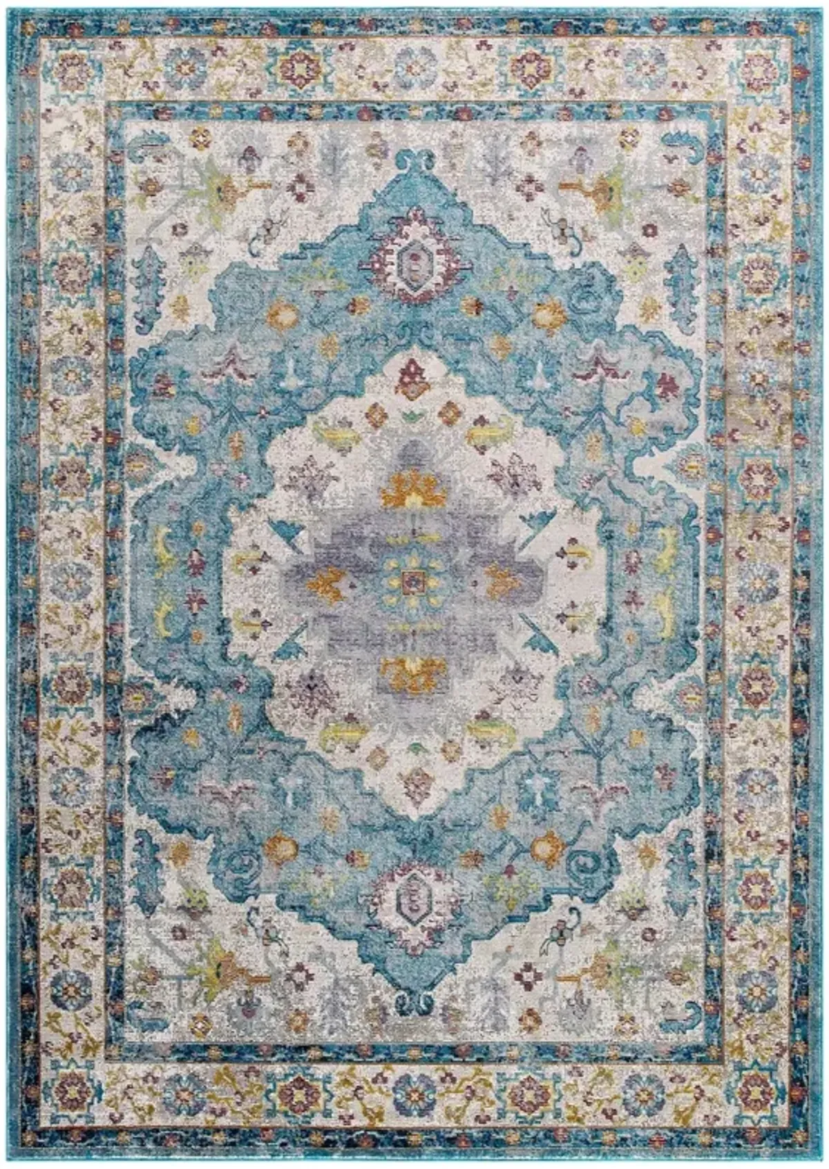 Success Anisah Distressed Floral Vintage Medallion Area Rug by Modway 4x6 / Light Blue Ivory Yellow Orange