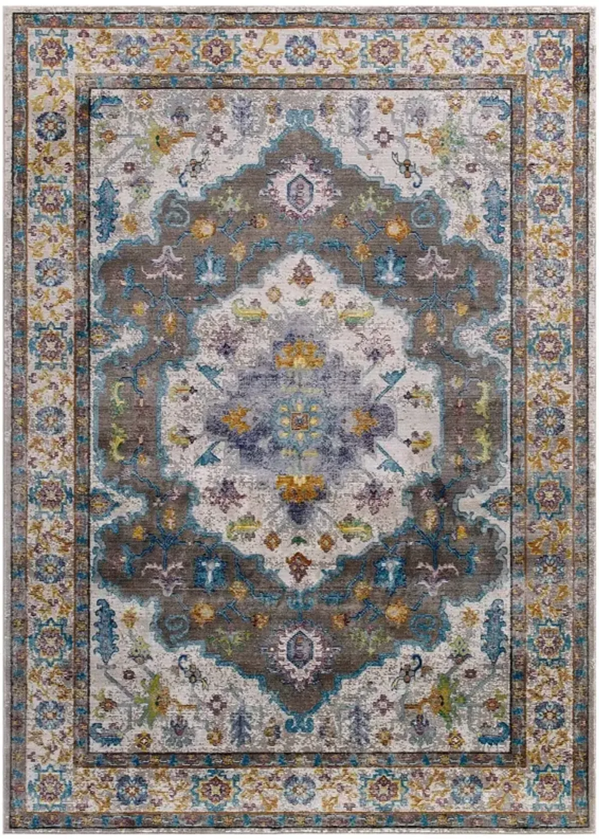 Success Anisah Distressed Floral Vintage Medallion Area Rug by Modway 8x10 / Blue Ivory Yellow Orange