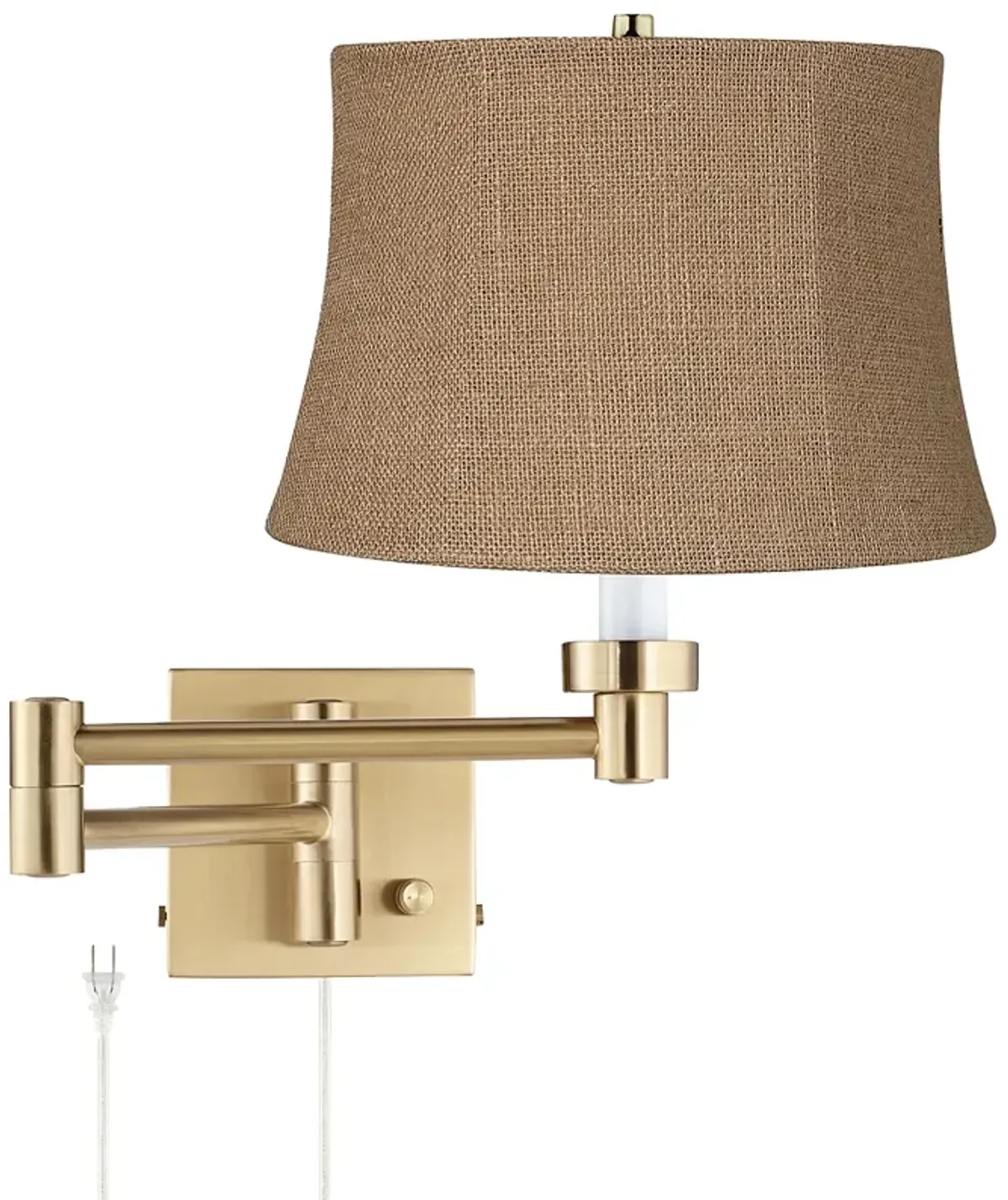 Alta Warm Gold Plug-In Swing Arm Wall Lamp with Burlap Drum Shade